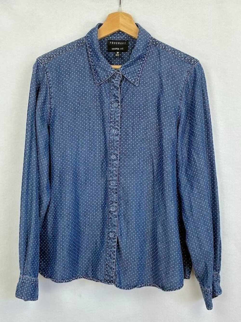 Foxcroft Button Up Shirt Shaped Fit Spring Academia Grandma Core Chambray 14